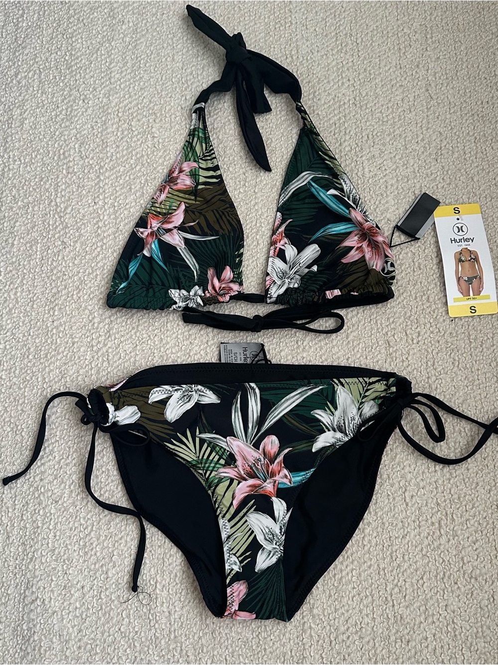 Hurley Tropical Floral Tie 2 piece Bikini Set - Black & green-reversible